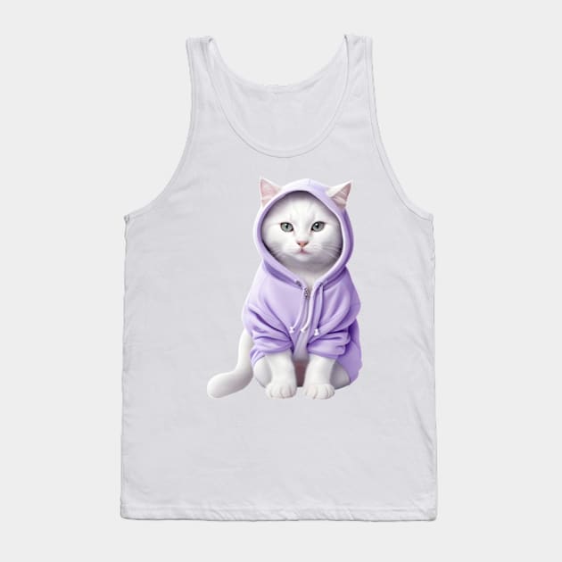 White British shorthair cat wearing purple hoodie Tank Top by Luckymoney8888